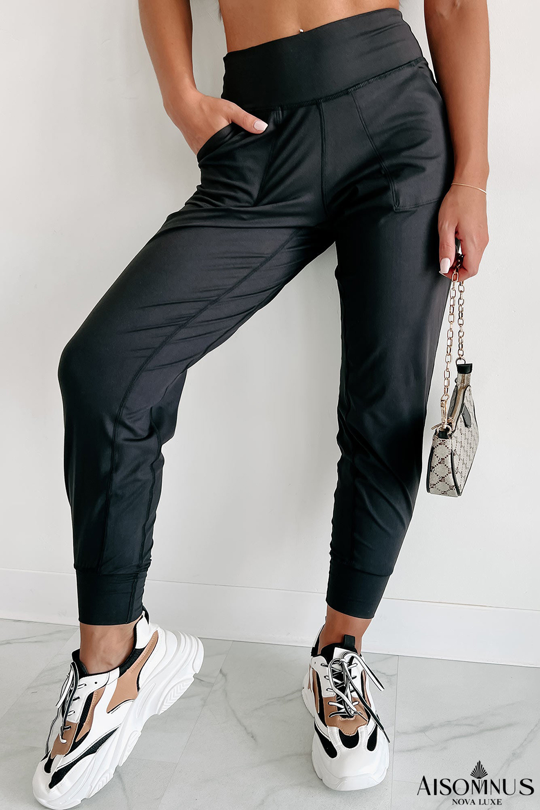 Black Exposed Seam High Waist Pocketed Joggers