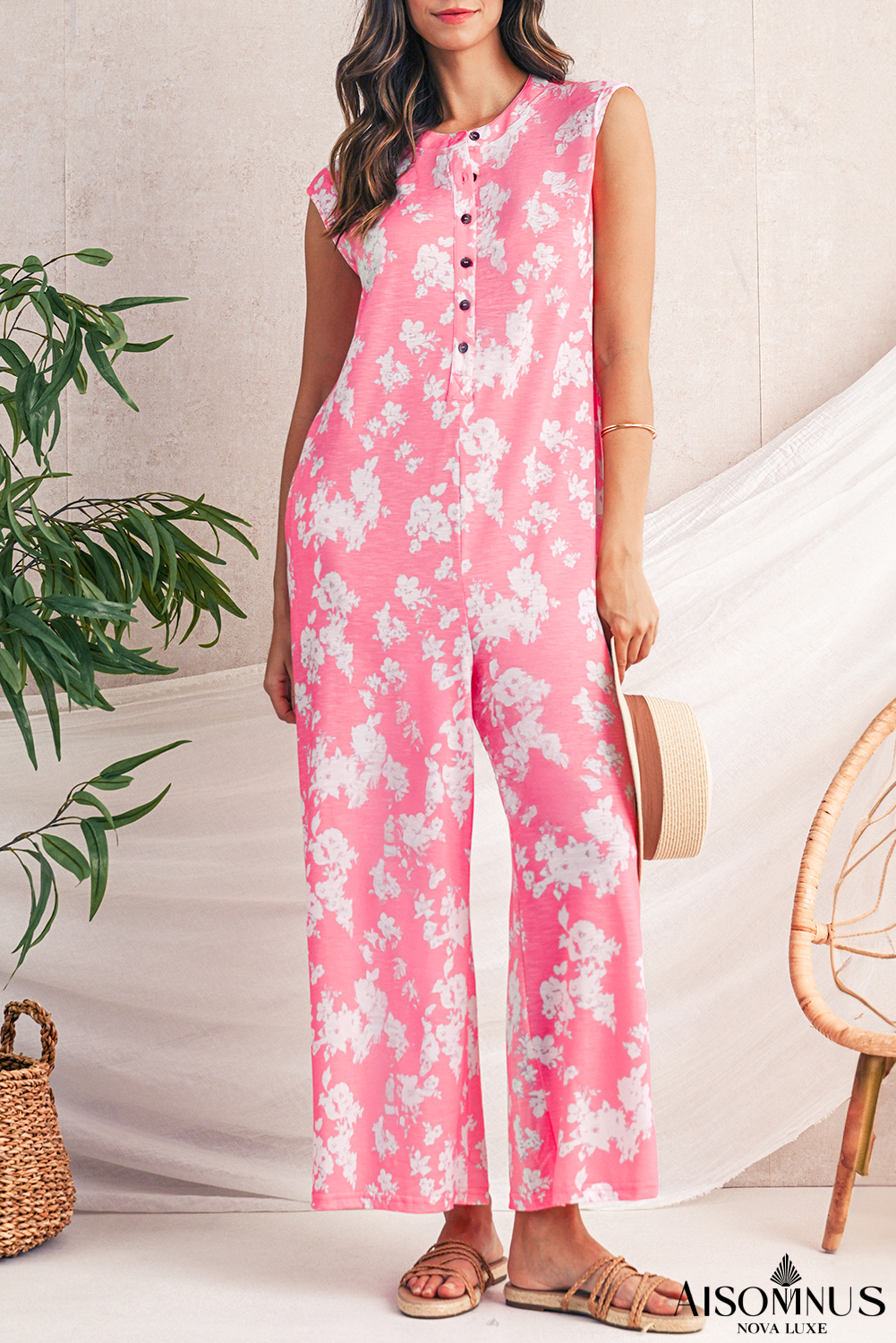 Pink Floral Print Sleeveless Wide Leg Jumpsuit