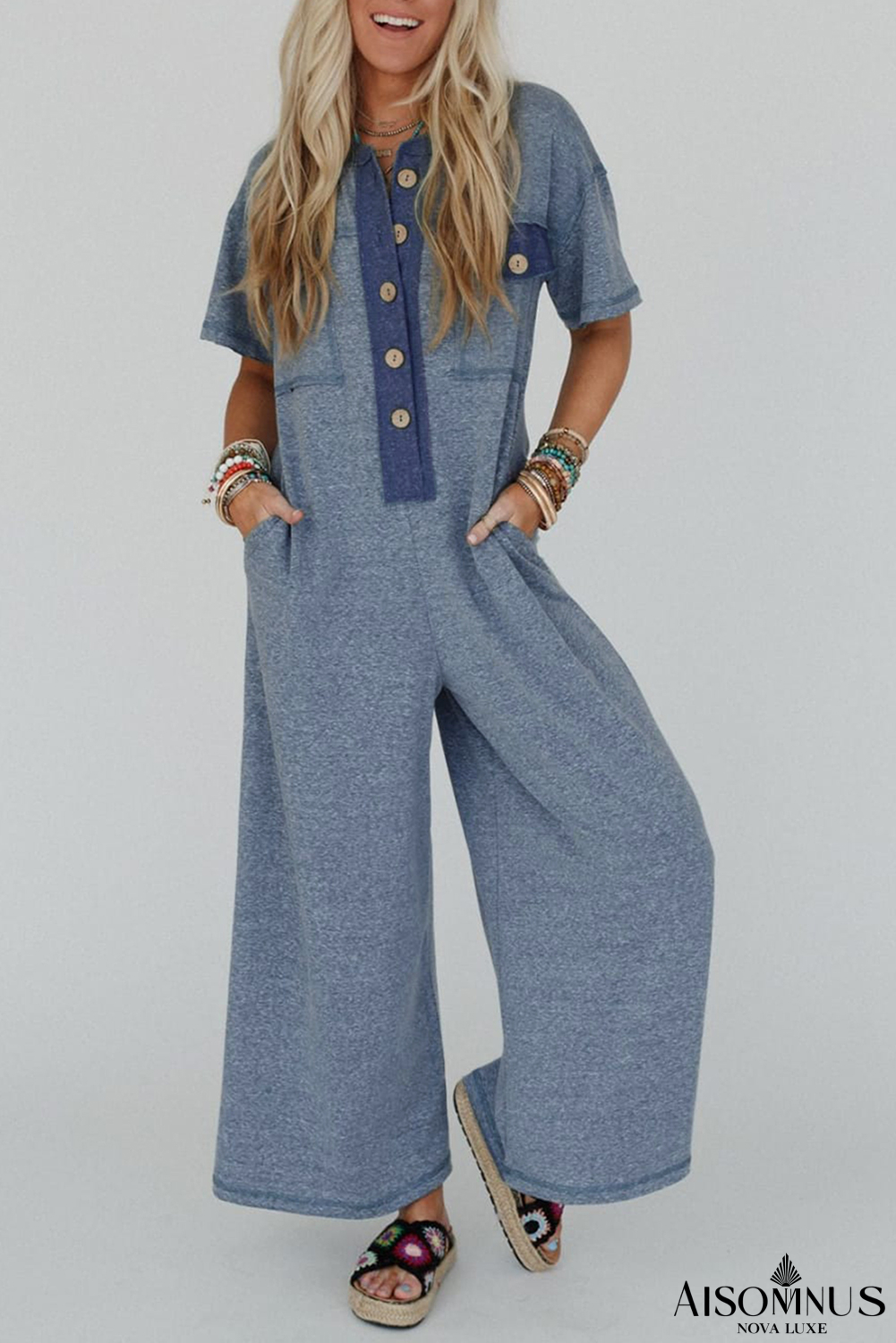 Beau Blue Patchwork Pocket Short Sleeve Jumpsuit
