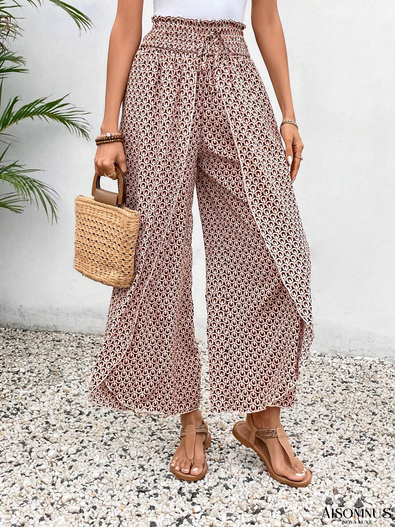 Red Floral Shirred Side Slit Wide Leg Pants