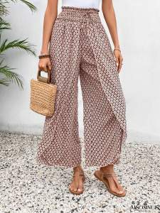 Red Floral Shirred Side Slit Wide Leg Pants