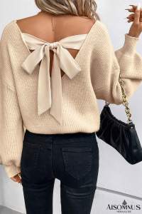 Apricot Lantern Sleeve V Neck Knot Back Sweater