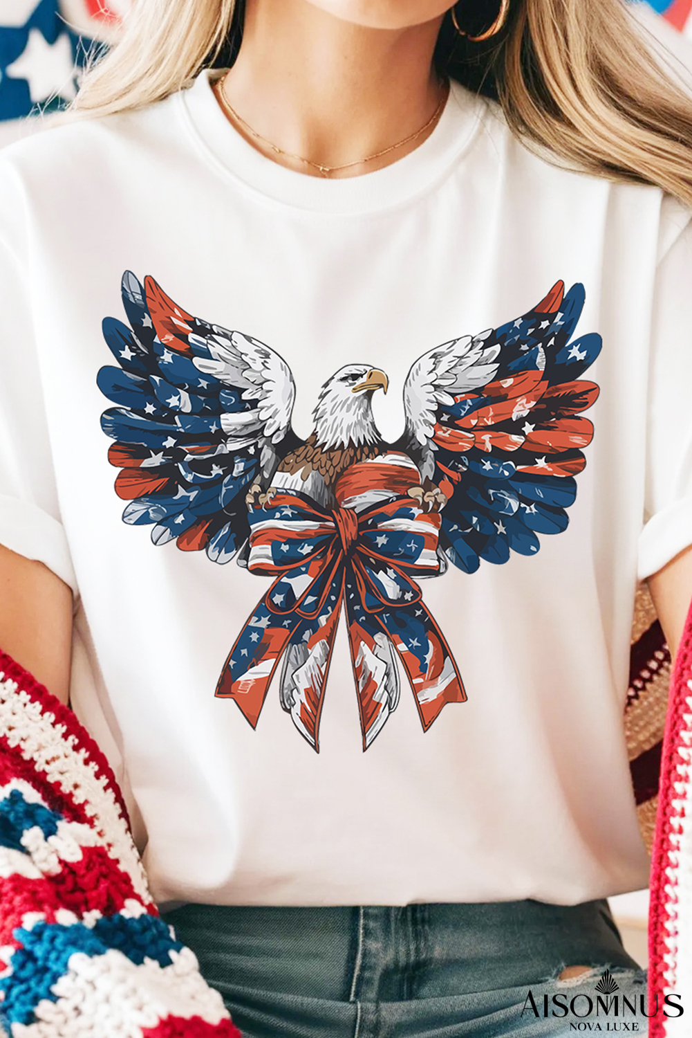 White Independence Day Eagle Graphic Crew Neck Tee
