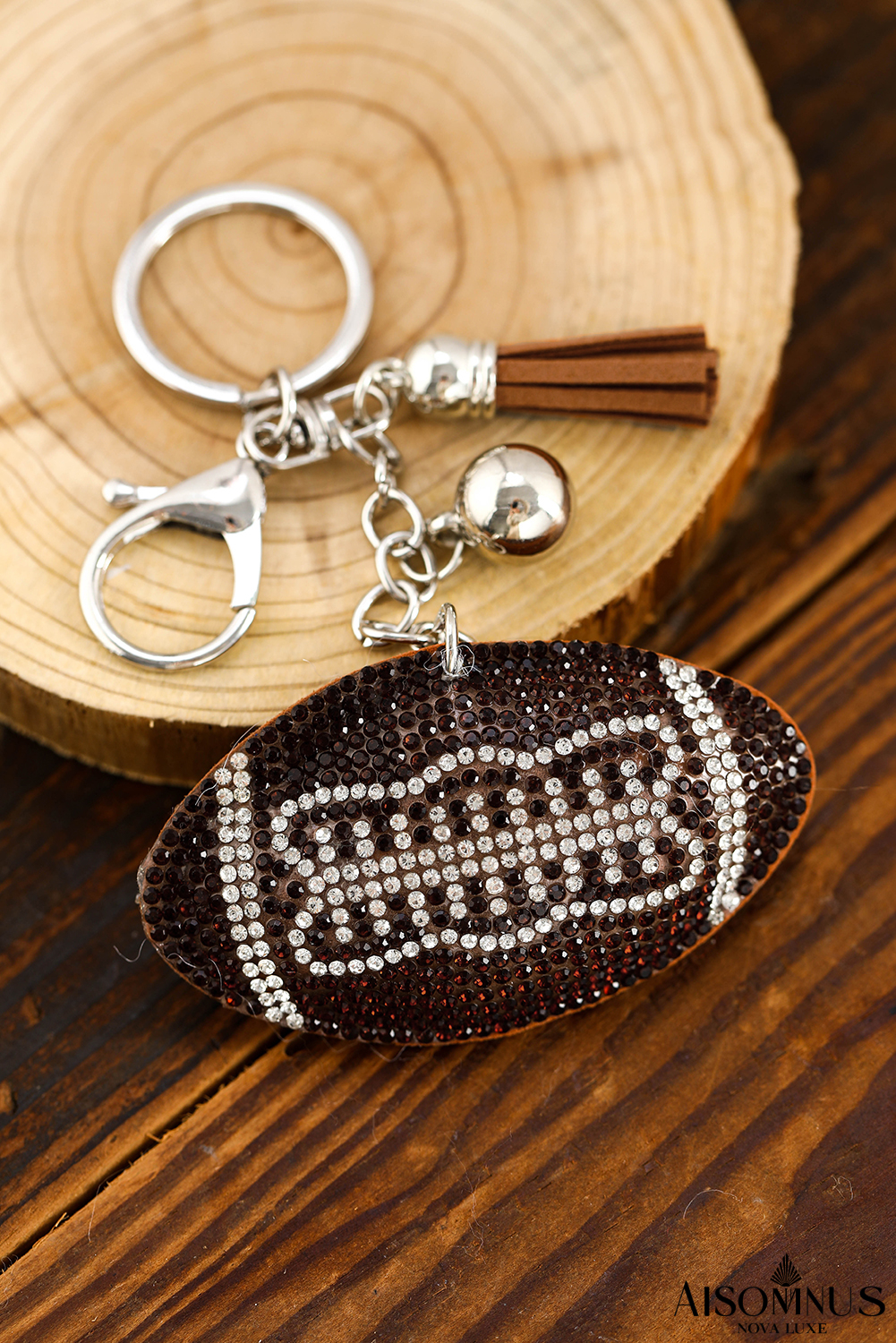 Coffee Rhinestone Football Pendant Tassel Keychain