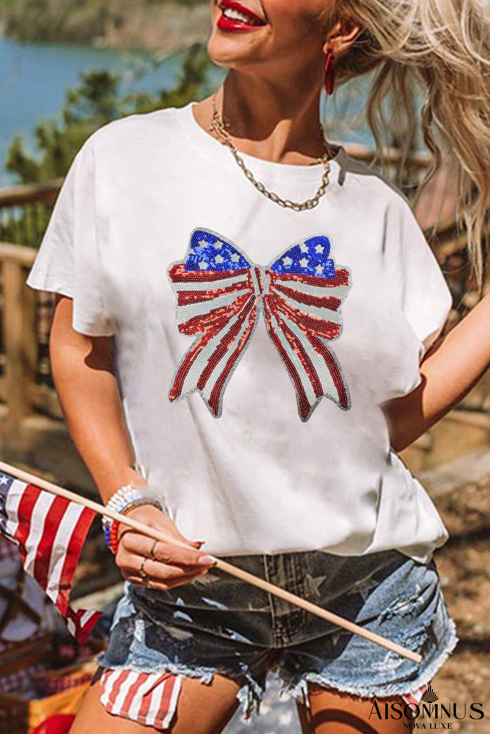 White USA Flag Bow Knot Patched Crew Neck T Shirt
