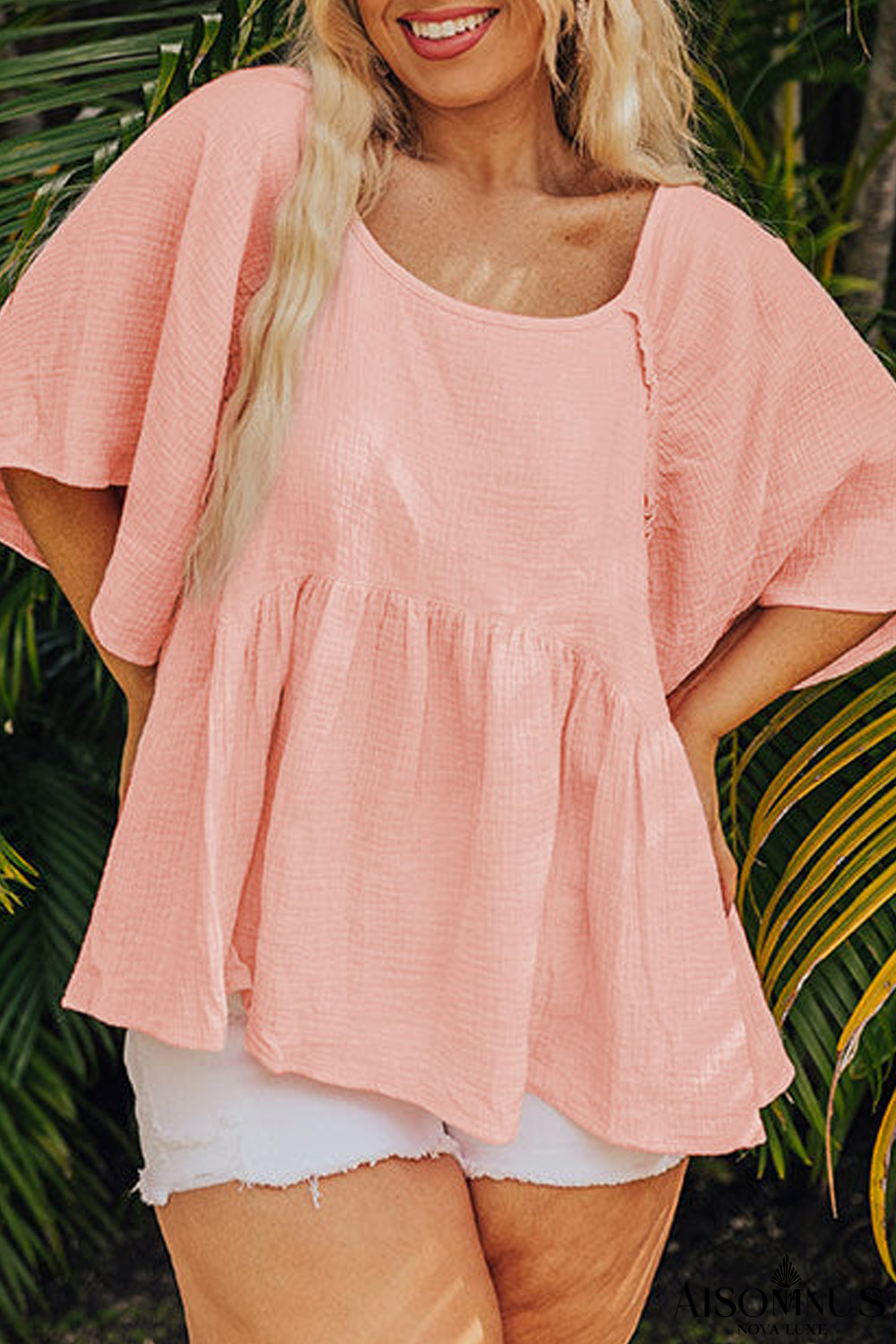Apricot Pink Plus Size Crinkle Flounce Sleeve Babydoll Blouse