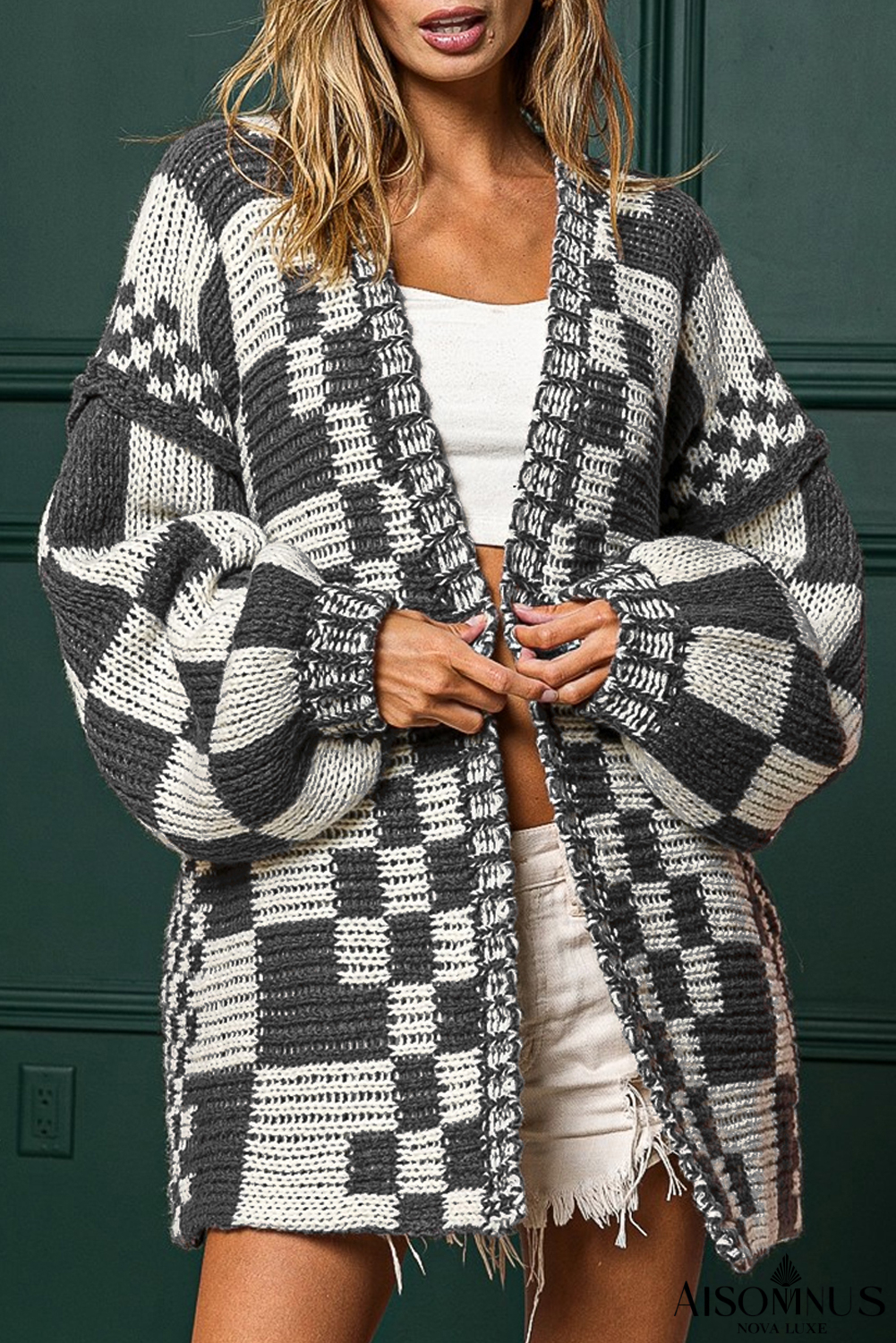 Dark Grey Colorblock Checked Loose Fit Open Front Knitted Cardigan