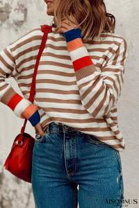 Brown Stripe Bishop Sleeve Turtleneck Sweater