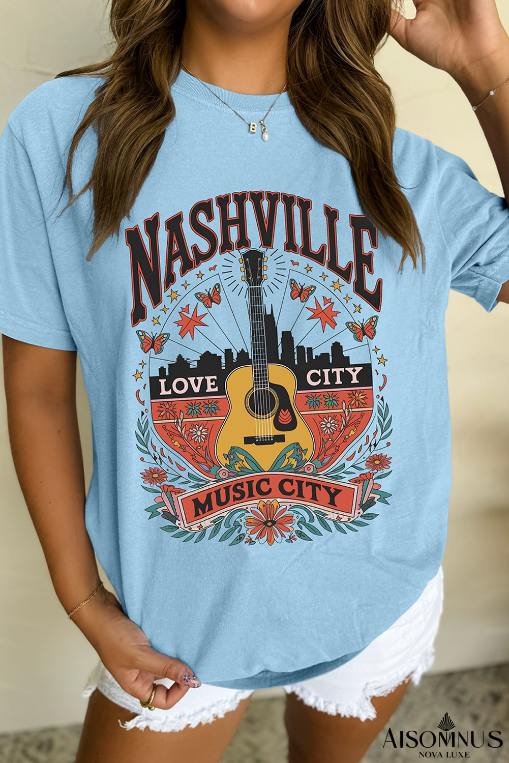 Light Blue NASHVILLE MUSIC CITY Guitar Print Crewneck Tee