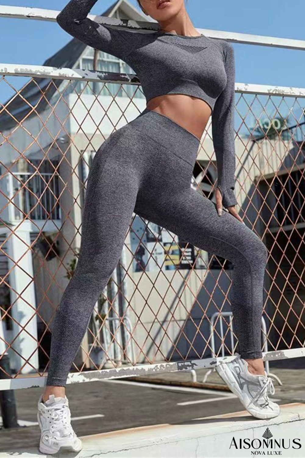 Dark Grey Solid Color Long Sleeve Crop Top Leggings Yoga Sports Set