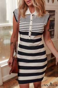 Black Mixed Striped Print Half Placket Collared Cap Sleeve Bodycon Sweater Dress