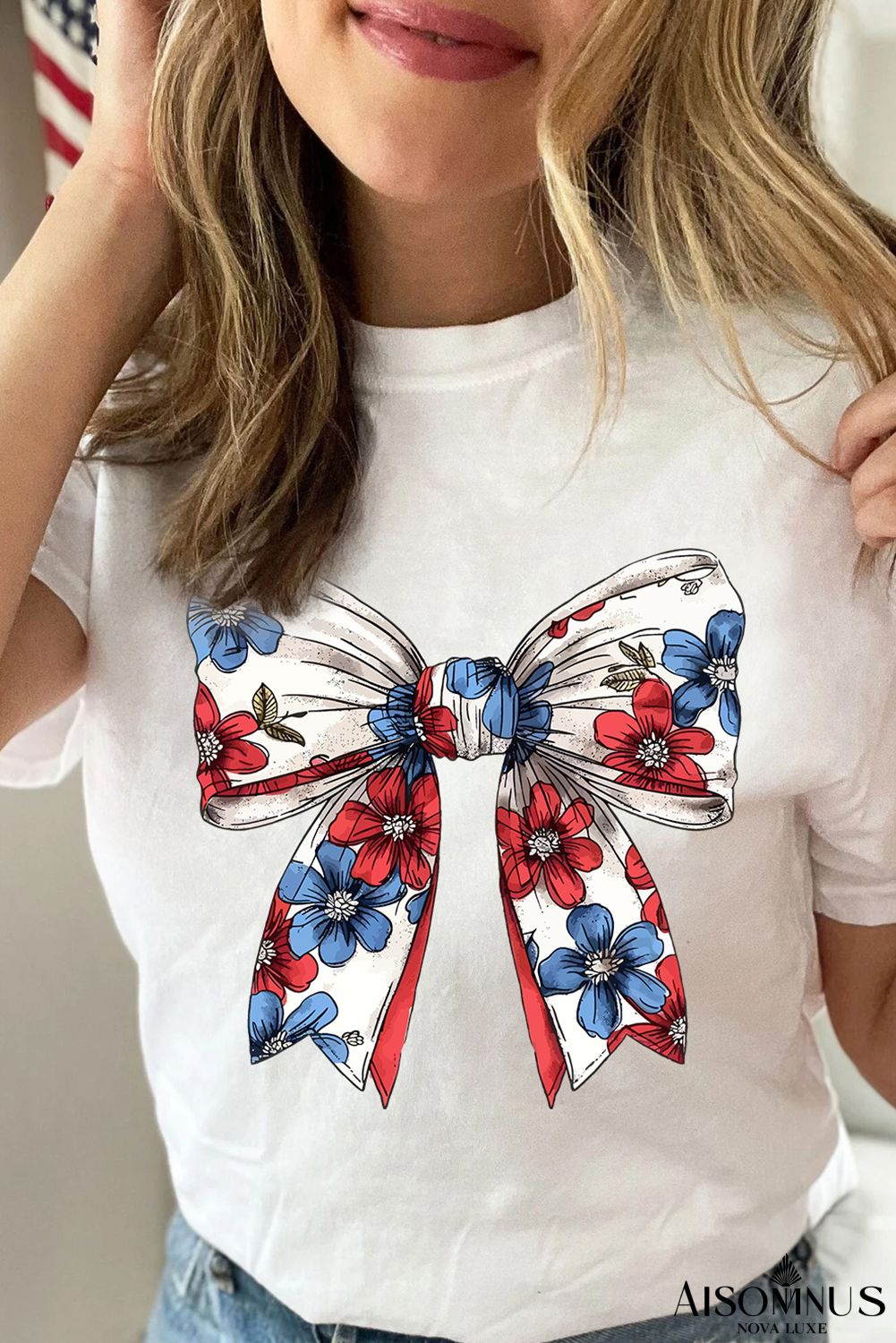 White July 4th Flower Bowknot Print Crew Neck T Shirt