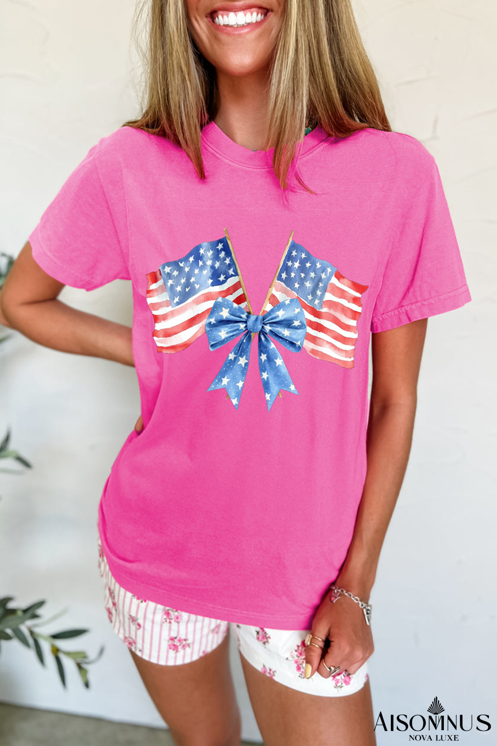 Sachet Pink Dual American Flag Bow Printed Casual T Shirt