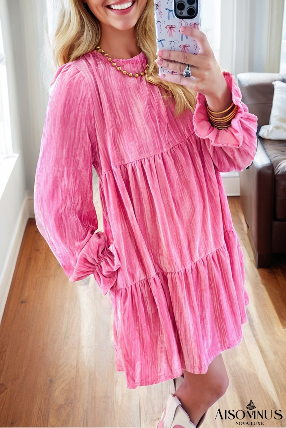 Strawberry Pink Flounce Sleeve Tiered Ruffled Velvet Mini Dress