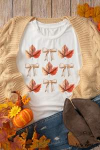 White Fall Leaf Bow Print Fashion T Shirt