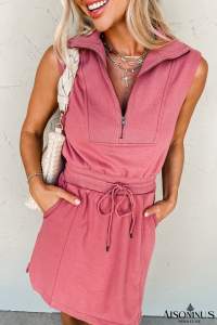 Mineral Red Terry Zipped Collar Sleeveless Drawstring Waist Mini Dress