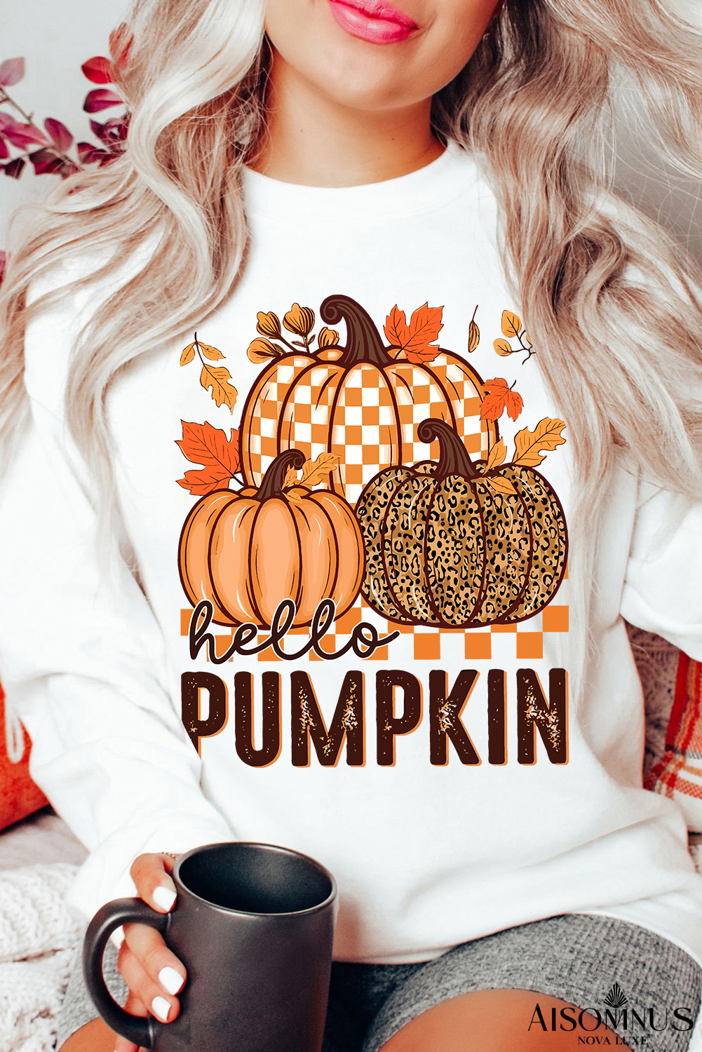 White Hello Pumpkin Thanksgiving Graphic Sweatshirt