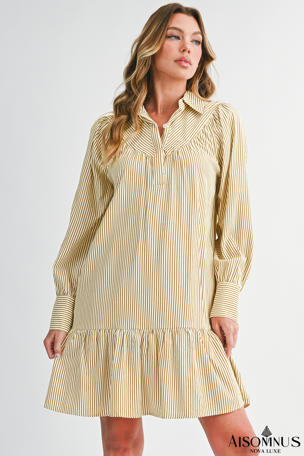 Brown Striped Shirt Collar Ruffle Hem Long Sleeve Dress