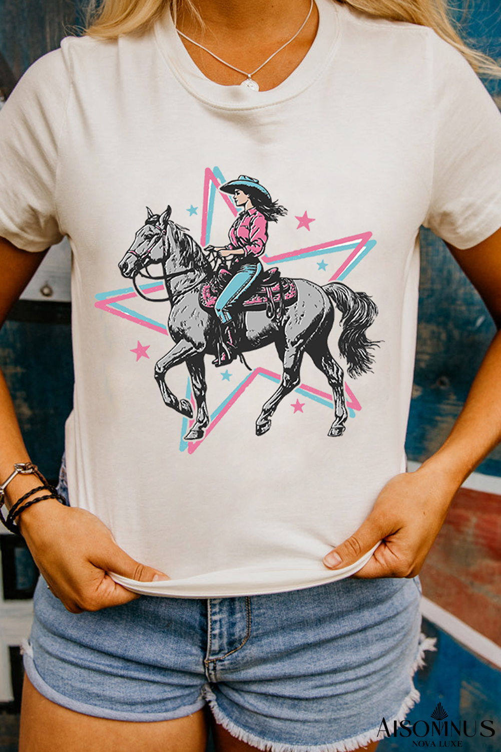White Star Cowgirl Graphic Round Neck T Shirt