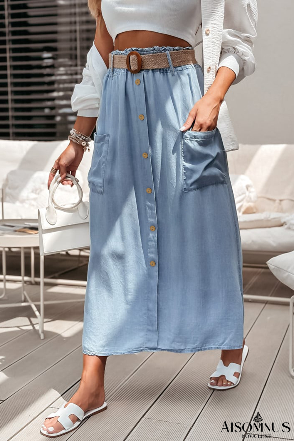 Beau Blue Buttoned Front High Waist Side Pockets Denim Maxi Skirt