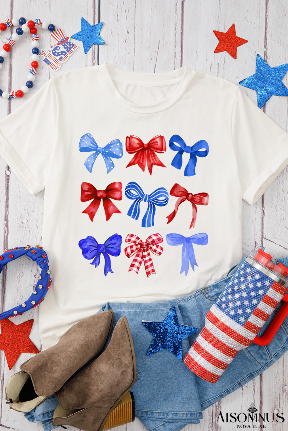 White Independence Day Bow Print Crewneck Tee