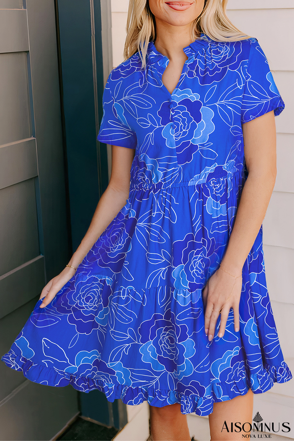 Blue Floral Print Ruffle Hem V Neck Flowy Mini Dress