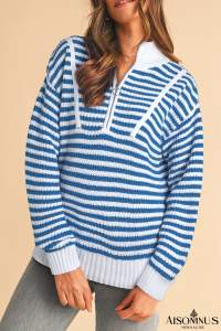Sky Blue Stripe Zip up Collar Drop Sleeve Sweater