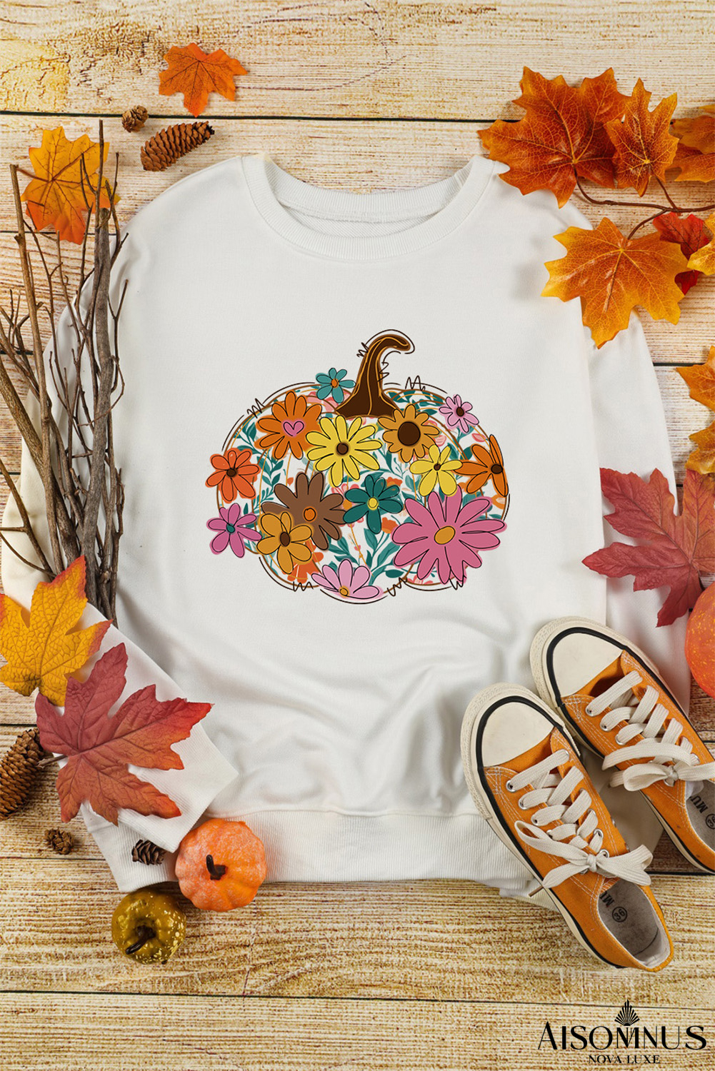 White Floral Pumpkin Custom Graphic Sweatshirt