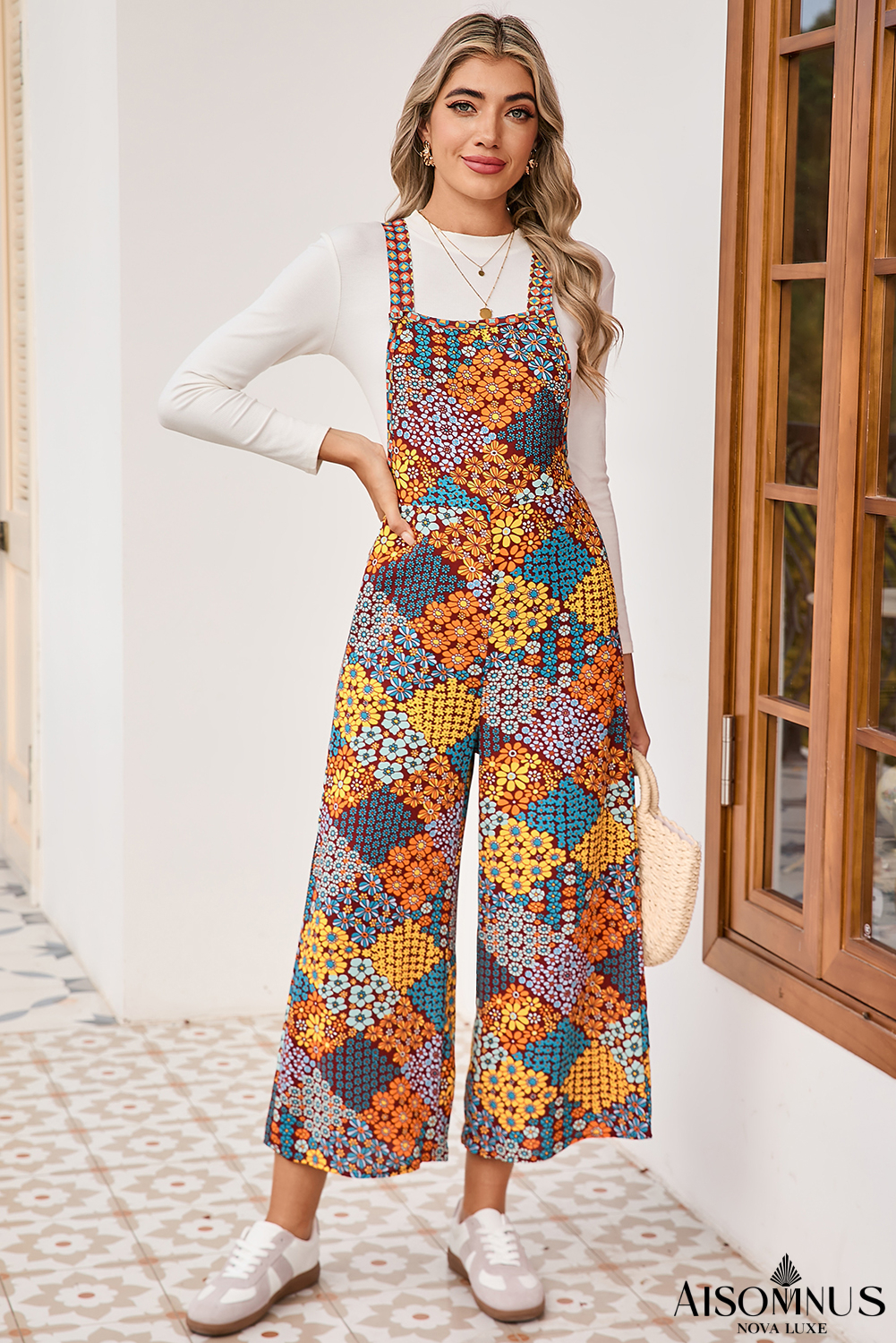 Multicolour Boho Floral Print Cropped Wide Leg Overalls