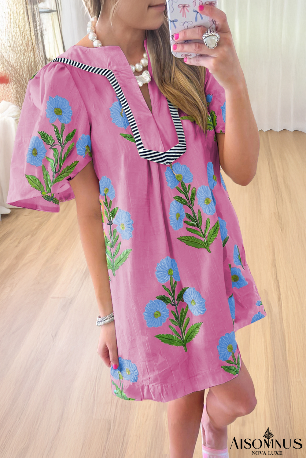 Rose Striped Trim Short Sleeve Split Neck Floral Mini Dress