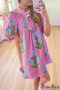 Rose Striped Trim Short Sleeve Split Neck Floral Mini Dress