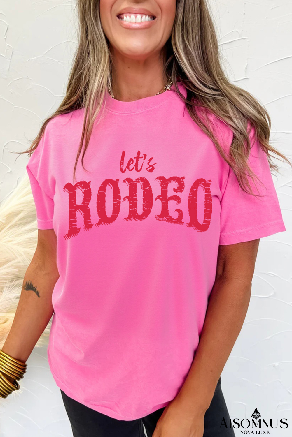 Rose Red Lets Rodeo Crew Neck Graphic Tee