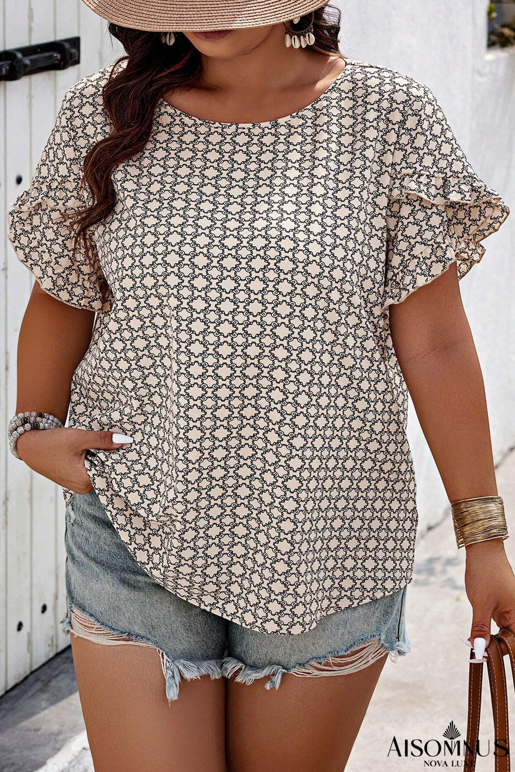 Khaki Geometric Print Frill Tulip Sleeve Plus Size Blouse