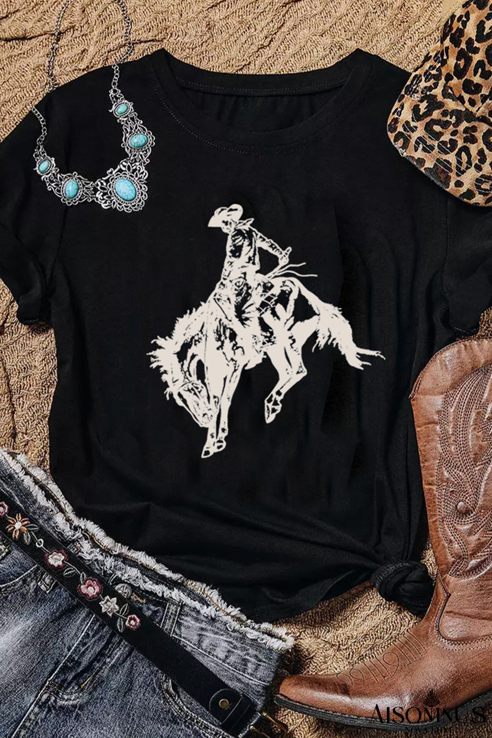 Black Western Cowboy Horse Print Crewneck Tee