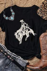 Black Western Cowboy Horse Print Crewneck Tee