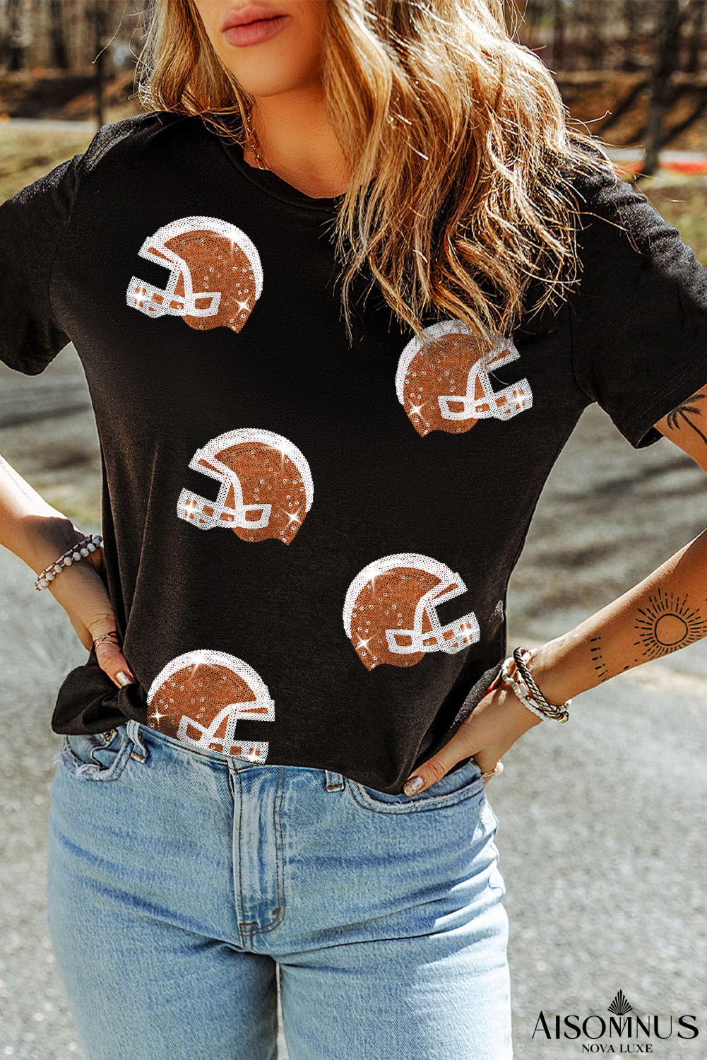 Black Sequin Baseball Helmet Graphic Crewneck T Shirt