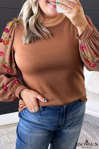 Brown Floral Puff Sleeve Round Neck Plus Size Blouse
