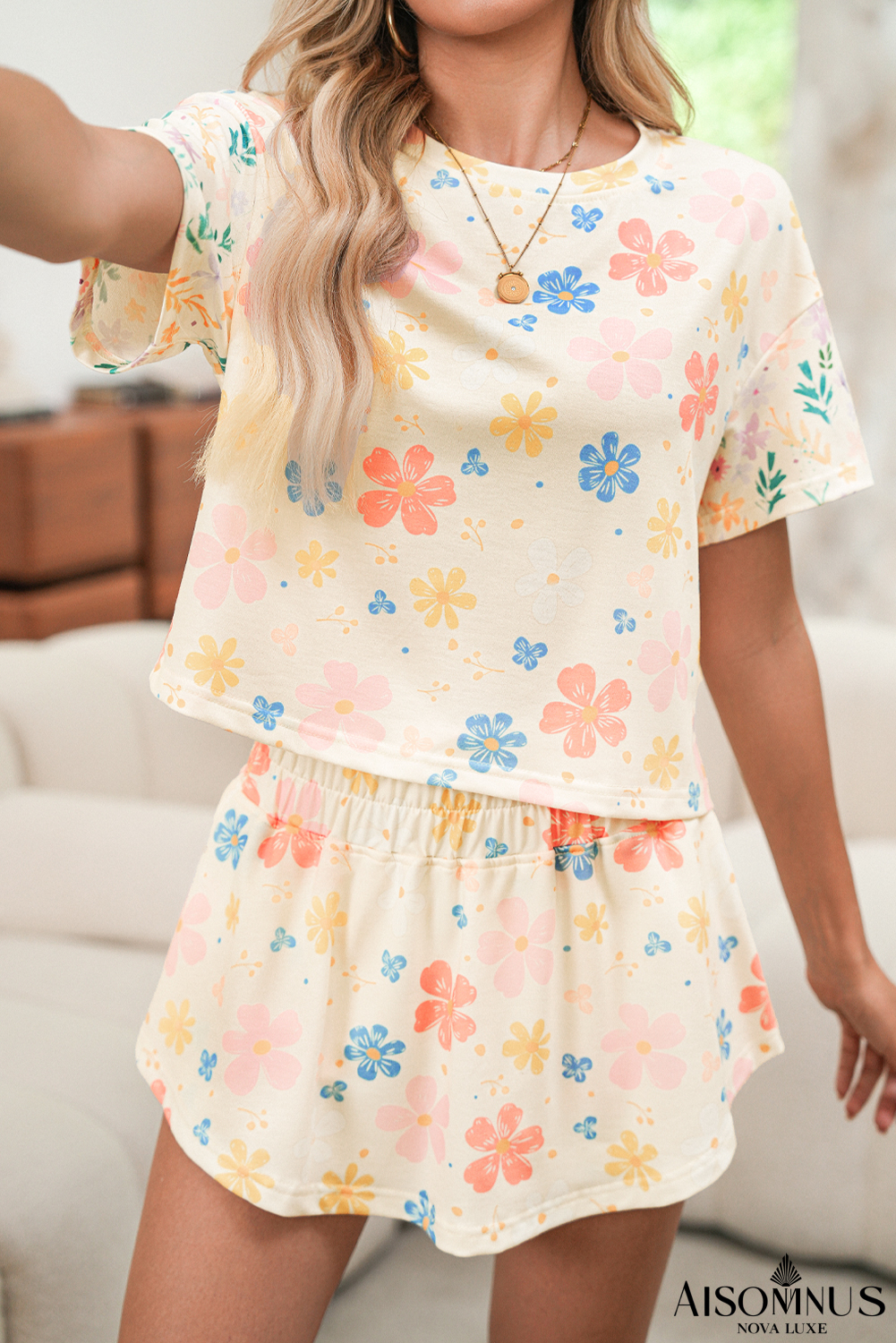 Apricot Allover Floral Print High Waist Loose Shorts Set