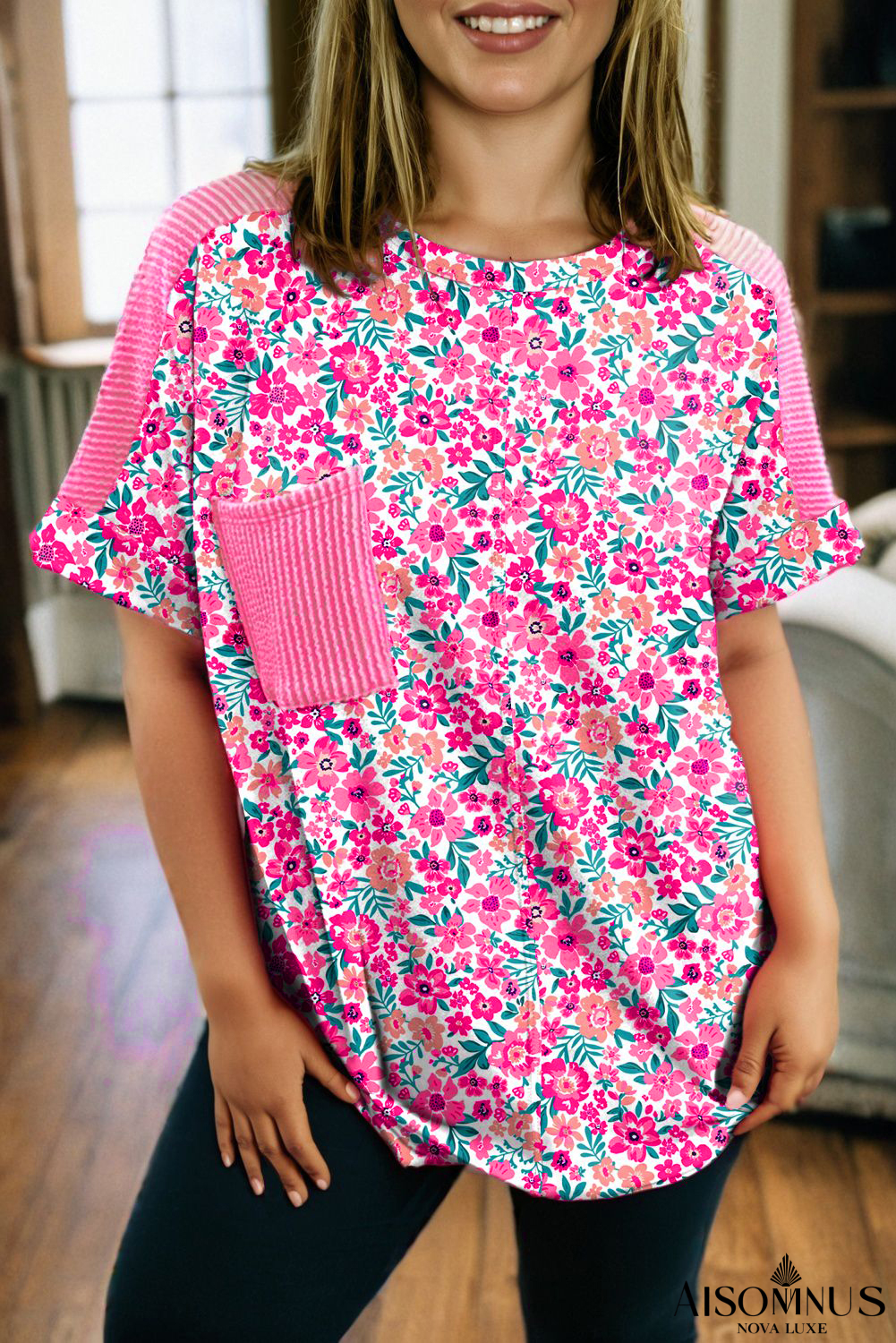 Pink Plus Size Floral Print Corded Patchwork Loose Top