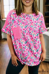 Pink Plus Size Floral Print Corded Patchwork Loose Top