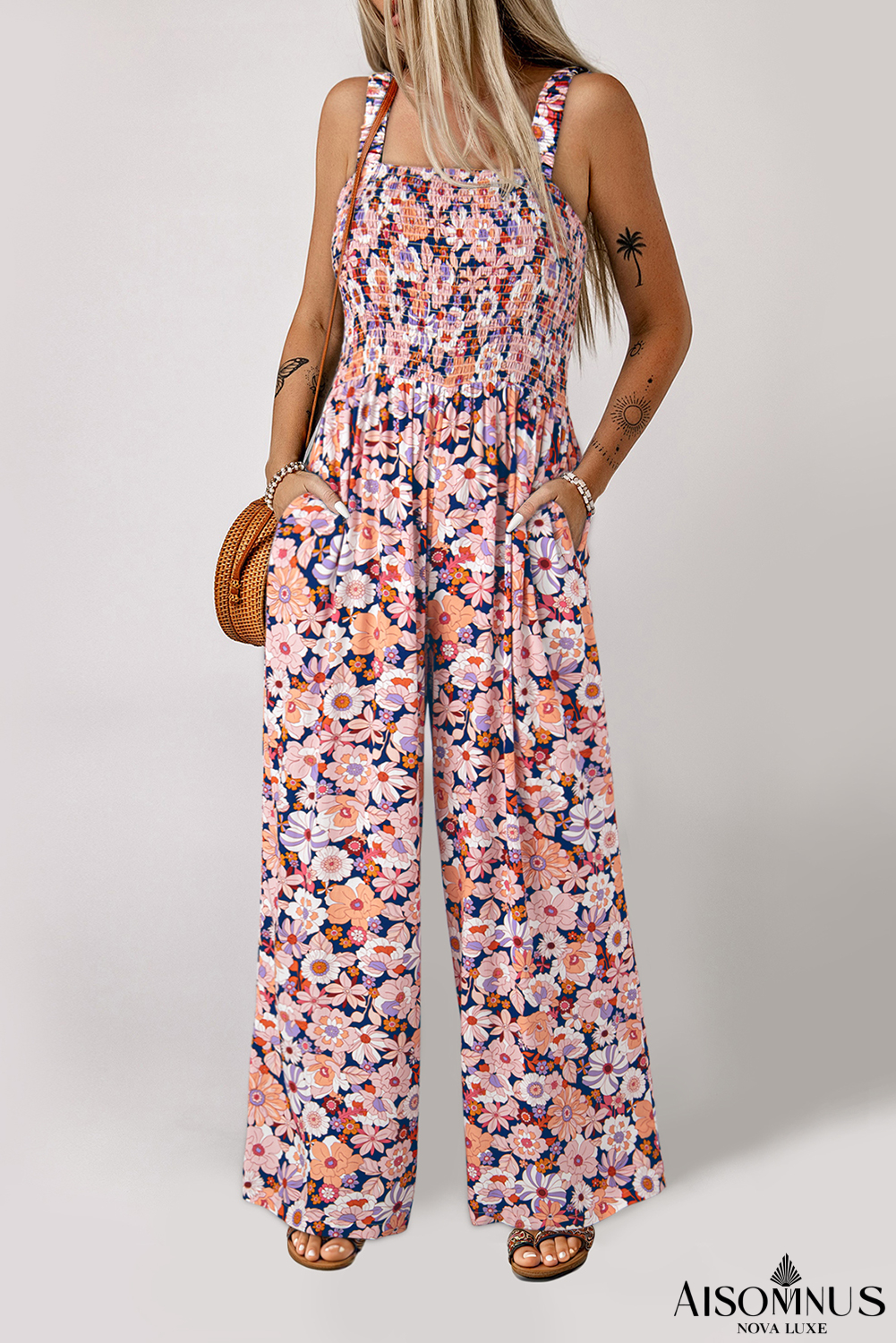 Black Floral Square Neckline Stretch High Waist Jumpsuit