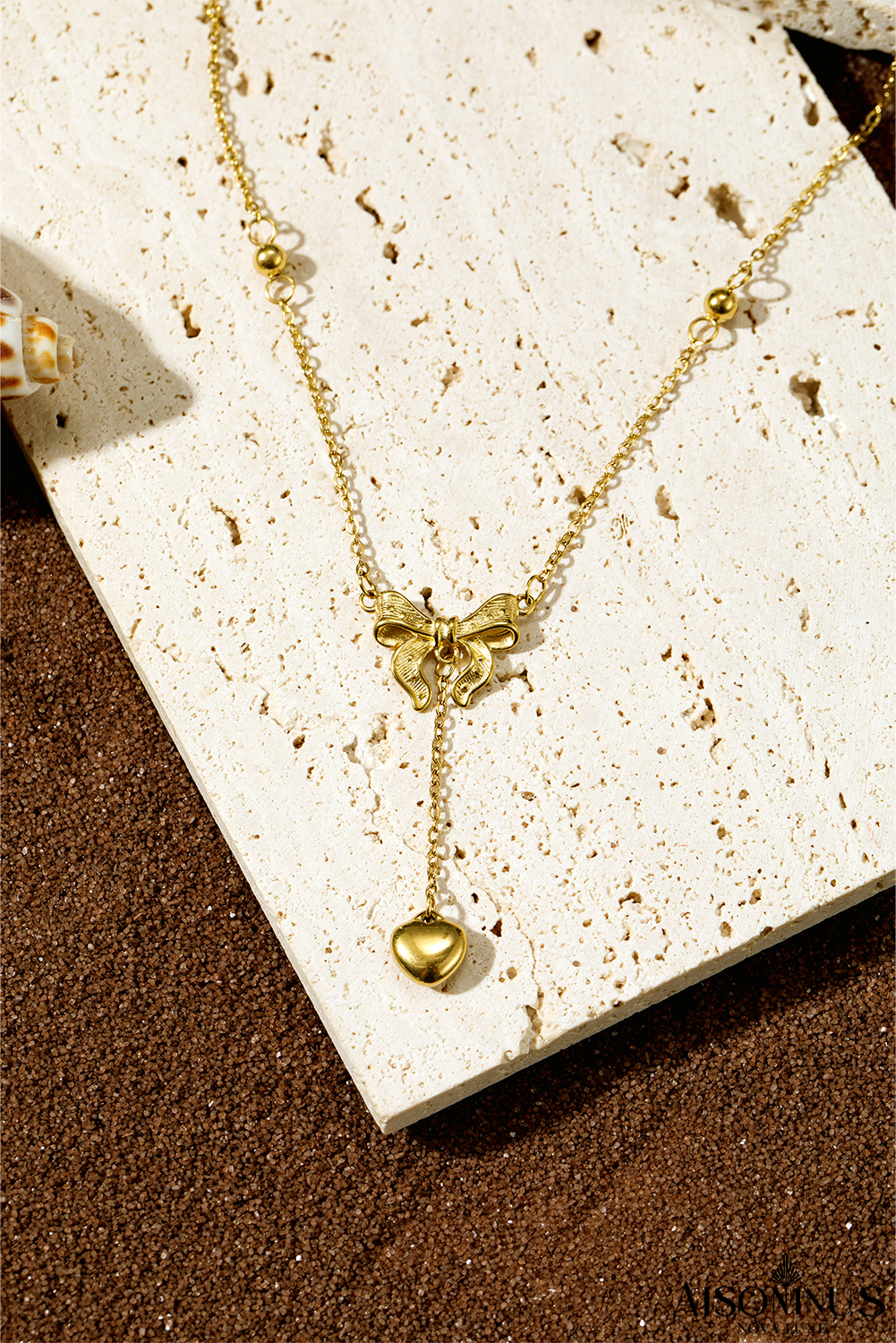 Gold Bowknot Heart Pendant Chained Necklace