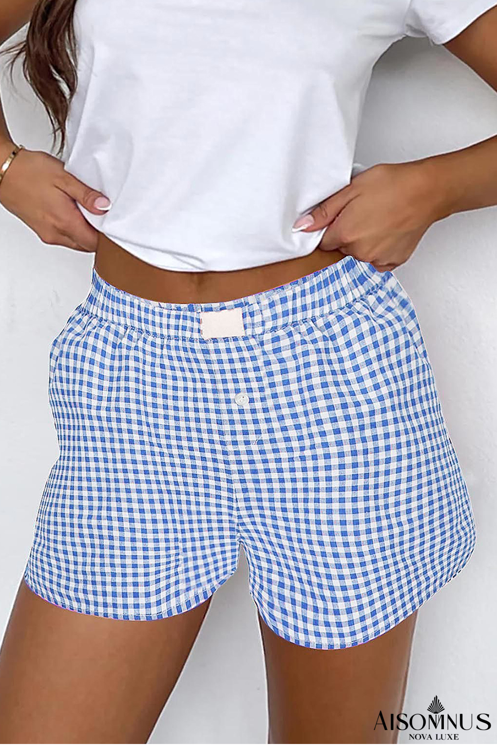 Blue Vintage Gingham Print High Waisted Loose Shorts