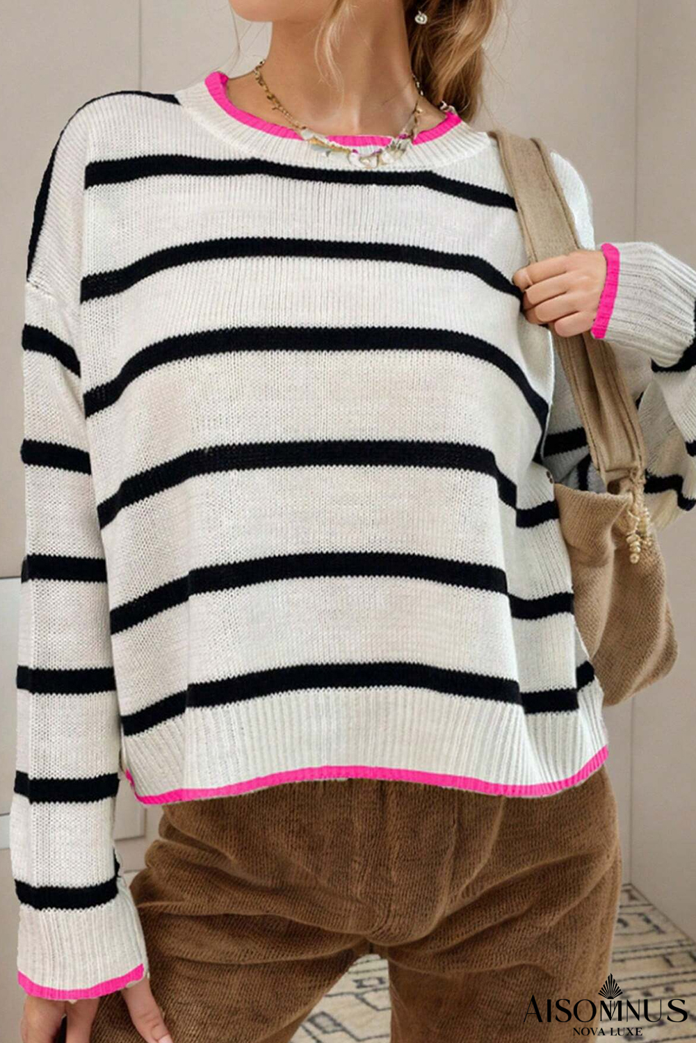 White Stripe Contrast Trim Drop Shoulder Sweater