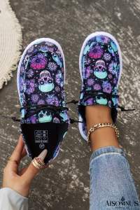 Dark Blue Halloween Skull Print Lace Up Casual Shoes