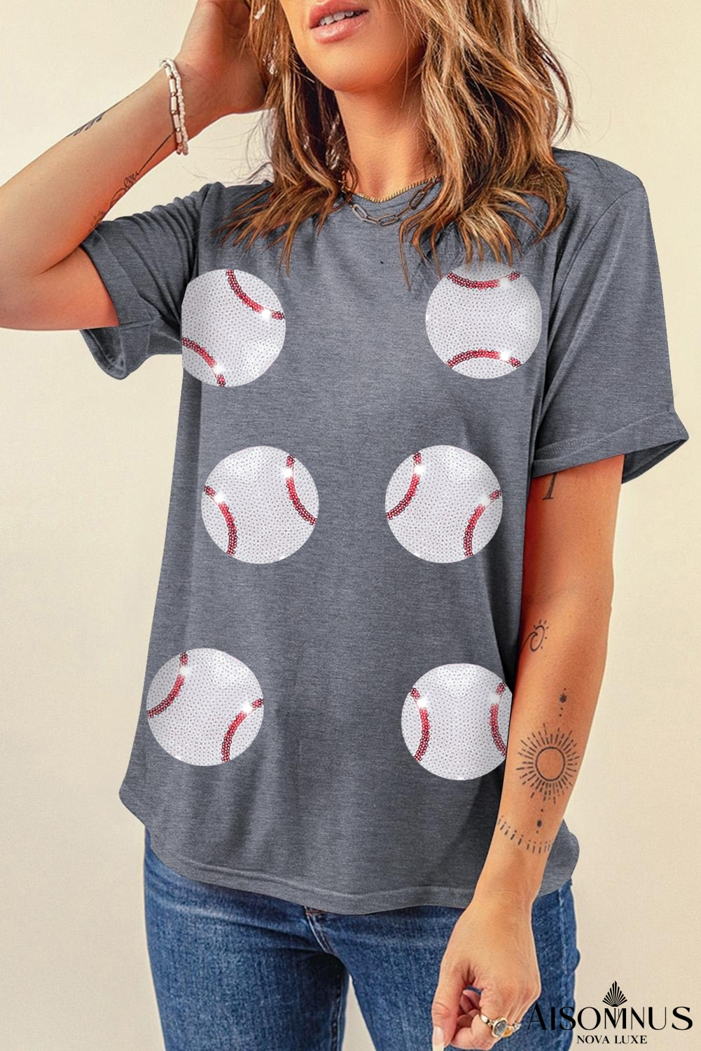 Gray Sequined Baseball Graphic T Shirt