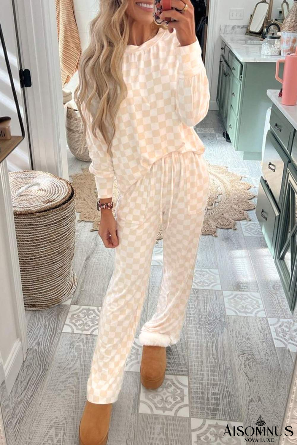 Beige Checkered Print Long Sleeve Loose Fit Pajama Set