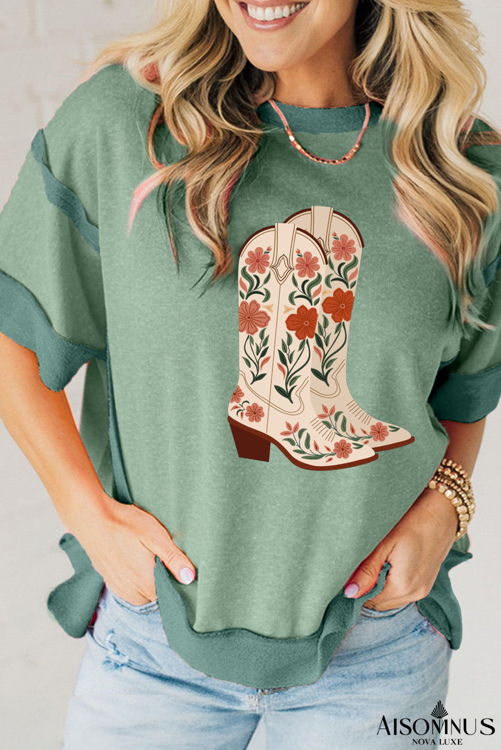 Smoke Green Floral Boots Print Raw Seam Patchwork Graphic Tee