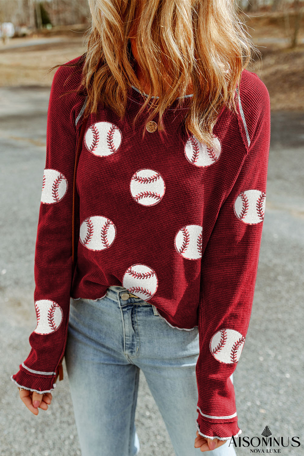 Red Baseball Patched Patterned Game Day Waffle Pullover Sweatshirt