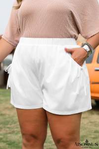White Bow Decor Pockets Plain Plus Size Shorts
